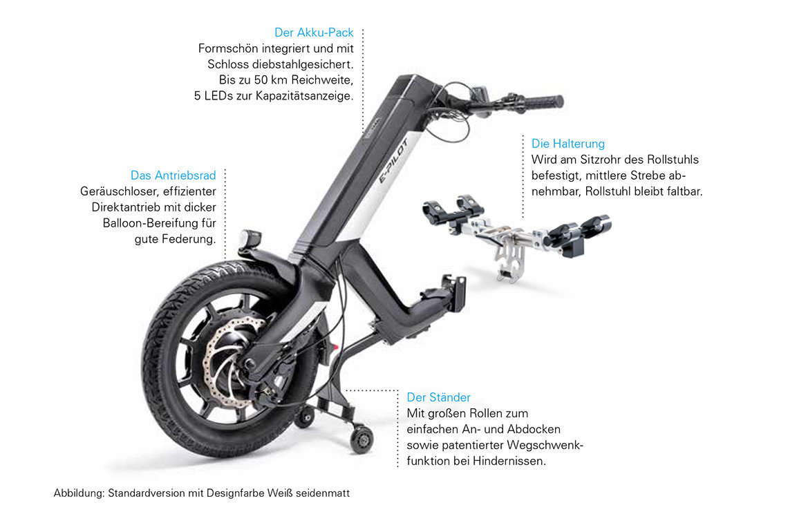 Alber Zugantrieb e-Pilot für Rollstühle Abbildung Zugantrieb e-Pilot mit Detailbeschreibung im Bild